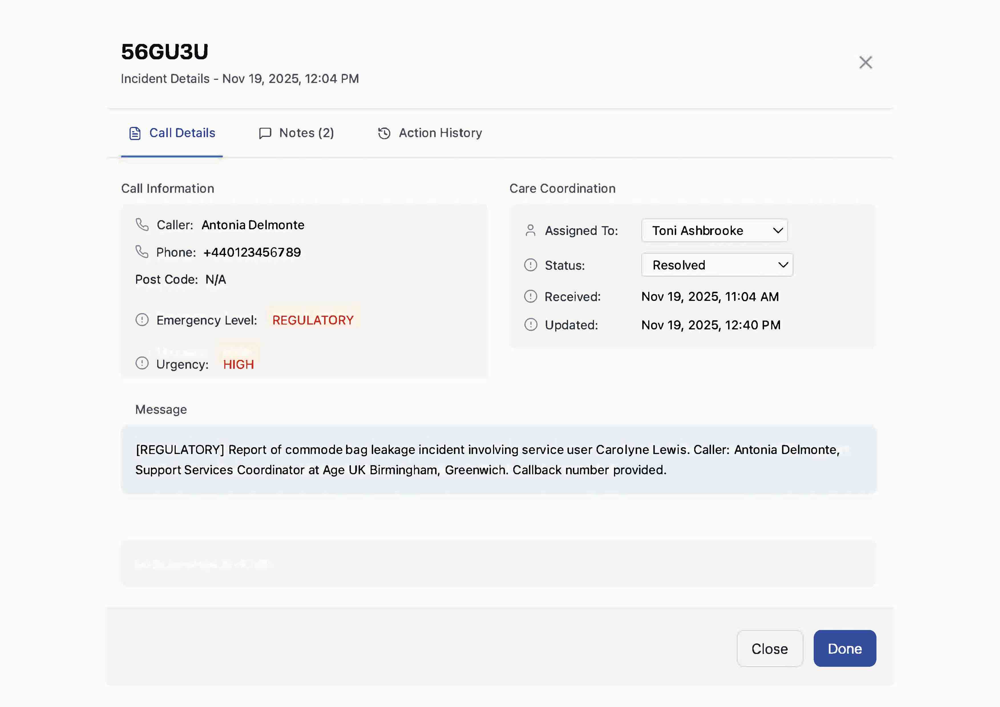 Robin AI full ticket details with automatic call logging and complete context for CQC-ready documentation